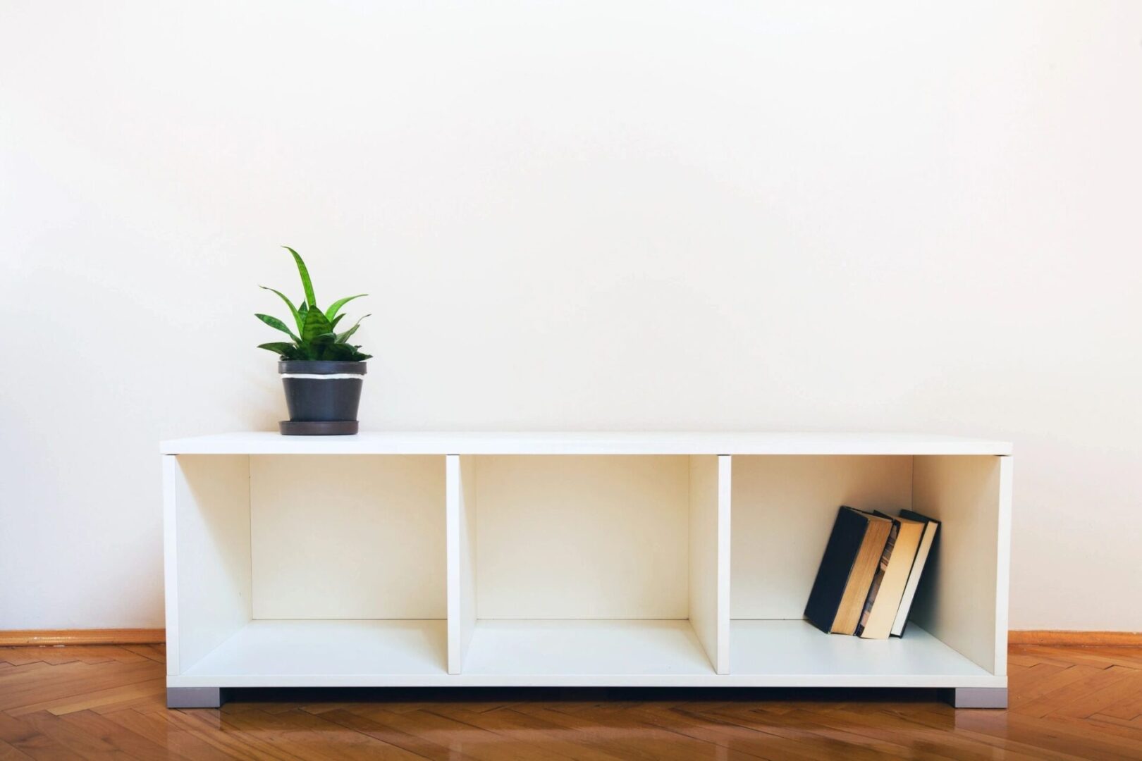 A white shelf with books and a plant on top of it.